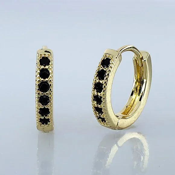 14K Gold Mens 2ct Black Onyx Gemstone Small Huggie Hoop Earrings 14 K Silver NEW - Picture 1 of 6